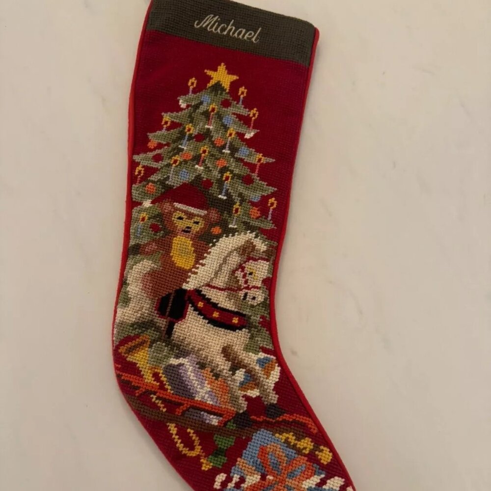 Vintage Needlepoint Embroidered Michael Christmas Holiday Stocking
